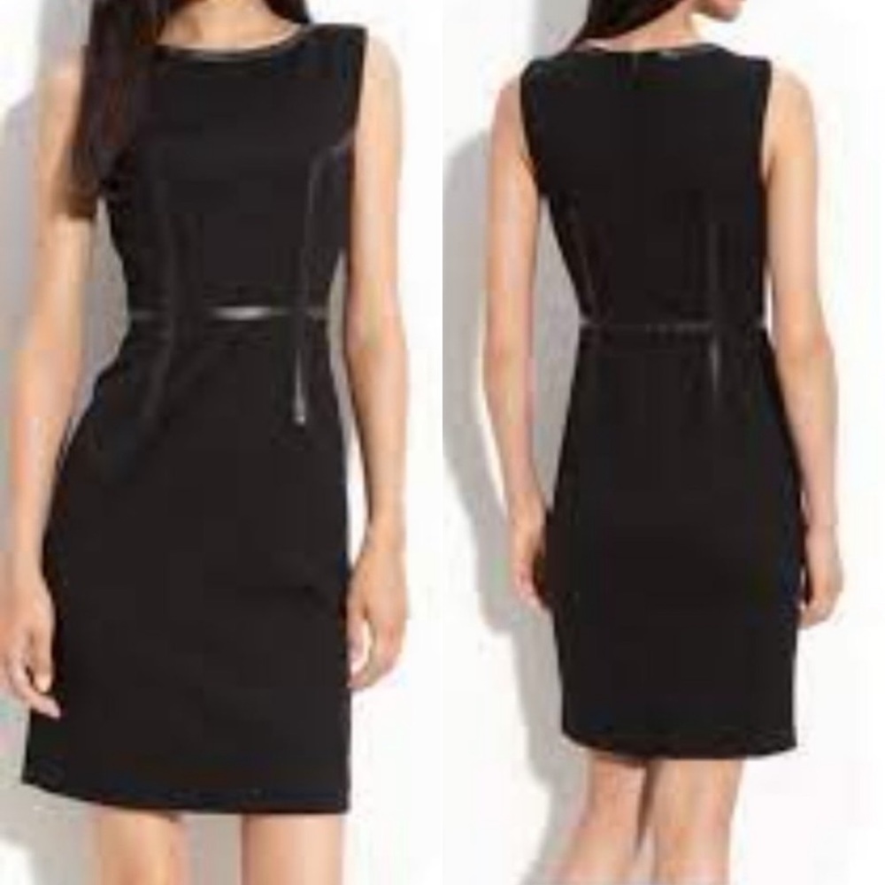 Trina Turk Katharine Black Faux Leather Piping Ponte Knit Sheath Dress